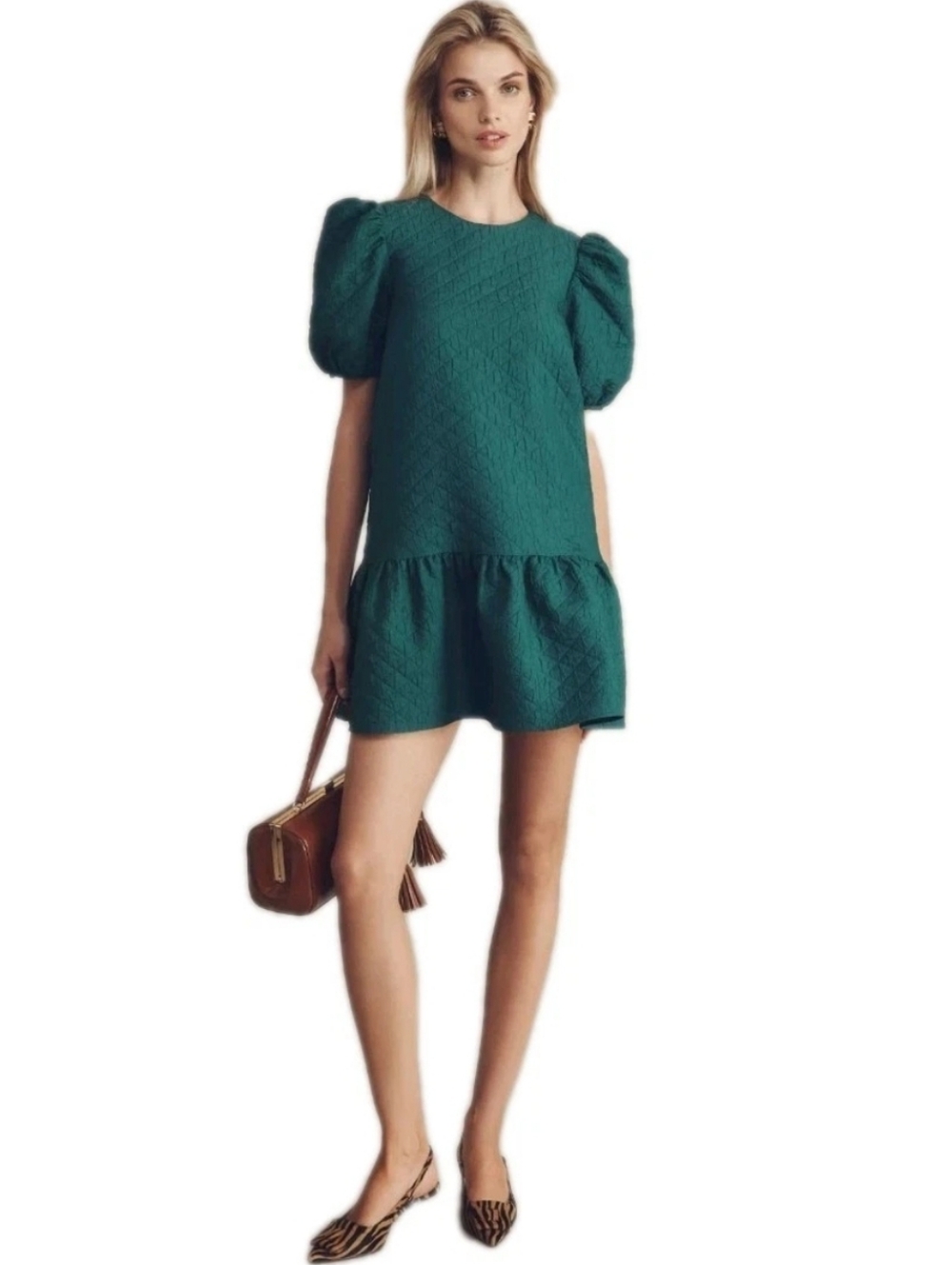 Anthropologie Maeve Green Short Puff Sleeve Drop Waist Pullover MiniDress Sz: XS
